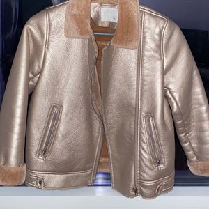 Blush pink metallic faux shearling jacket